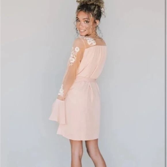 Robed with Love Hildy Robe Pink Floral Embroidered Sheer Illusion Bell Sleeves - Picture 3 of 14